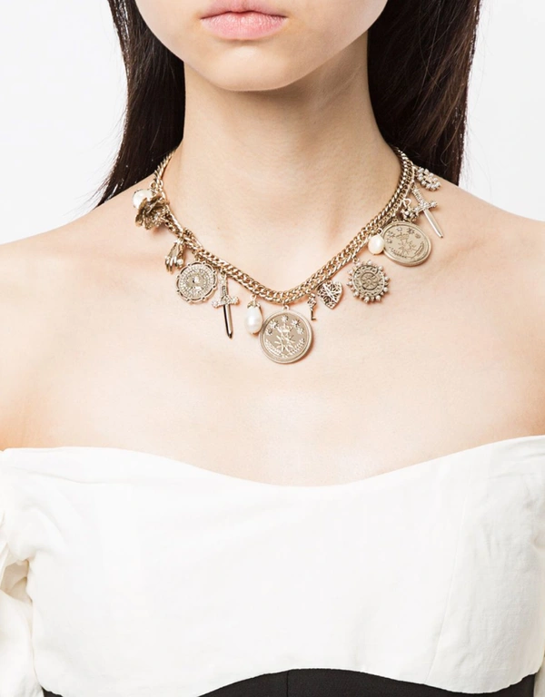 Marchesa Notte Gold Charm Chain Link Statement Necklace