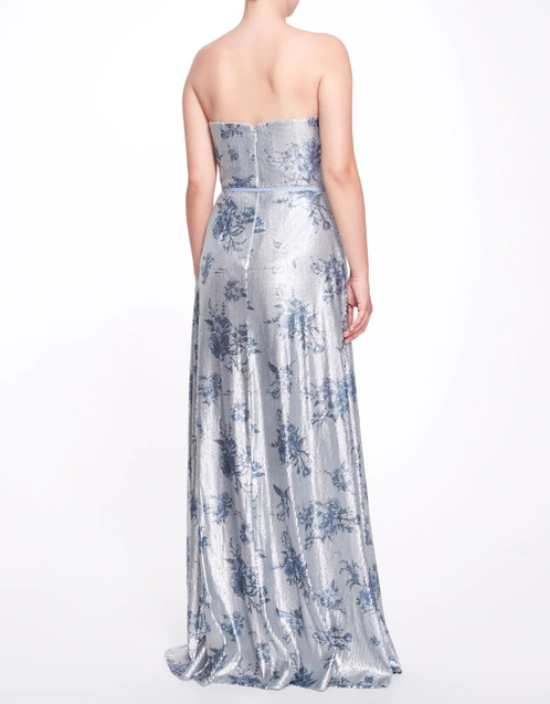 Avola Strapless Floral Print Sequin Gown -DustyBlue