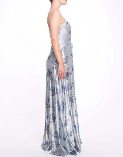 Avola Strapless Floral Print Sequin Gown -DustyBlue