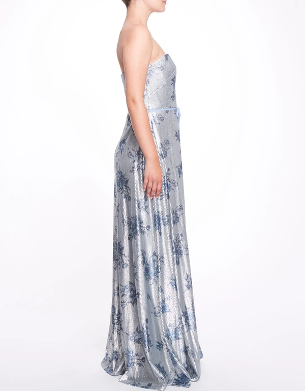 Marchesa Notte Bridesmaids Avola Strapless Floral Print Sequin Gown -DustyBlue