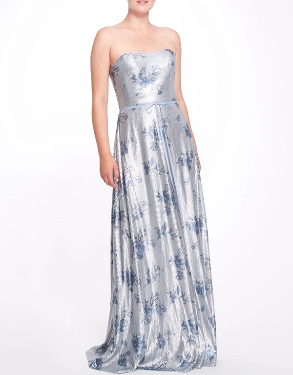 Marchesa Notte Bridesmaids Avola Strapless Floral Print Sequin Gown -DustyBlue