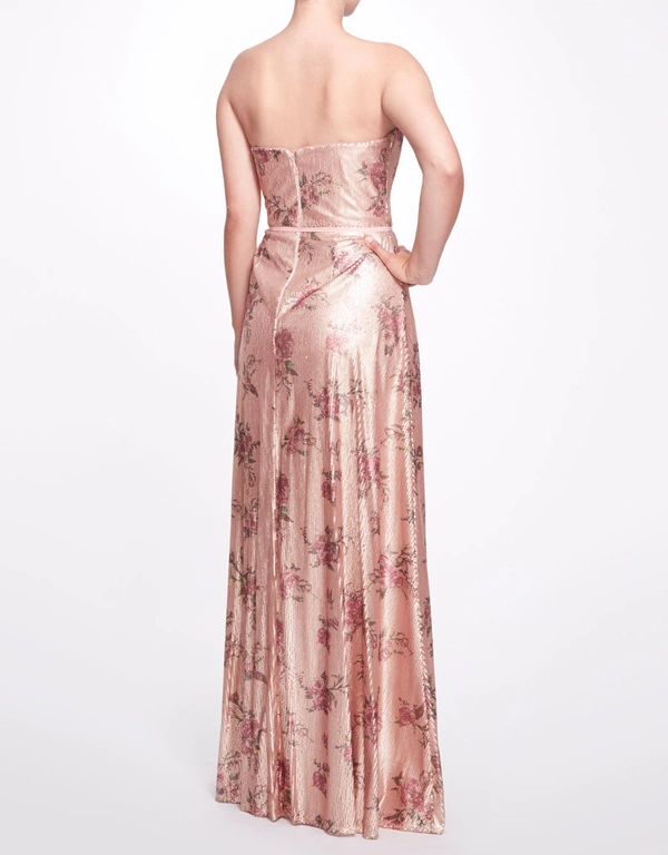 Marchesa Notte Bridesmaids Avola Strapless Floral Print Sequin Gown -Blush