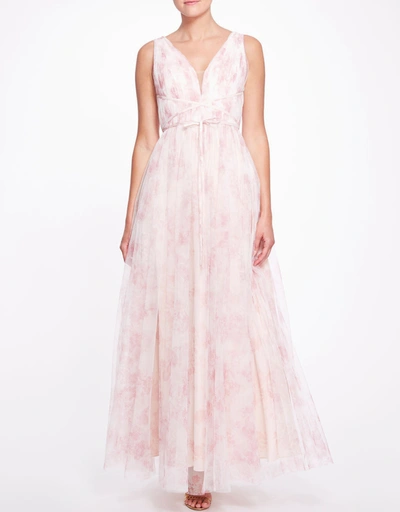 Biella Floral Printed V-Neck Tulle Bridesmaids Gown -Blush