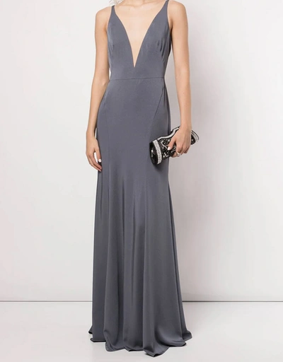 Crema Deep V-Neck Fitted Gown -SteelBlue