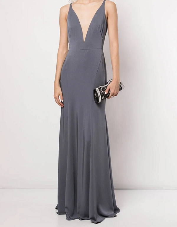 Marchesa Notte Bridesmaids Crema Deep V-Neck Fitted Gown -SteelBlue