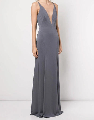 Crema Deep V-Neck Fitted Gown -SteelBlue