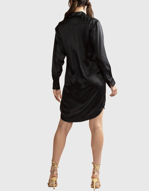 Silk Charmeuse Shirt Dress-Black