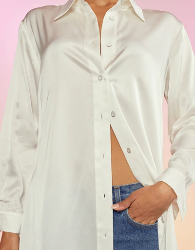 Silk Charmeuse Shirt Dress-White