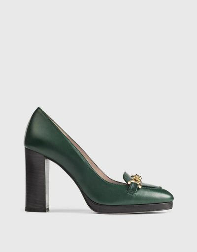 Attley Green Leather Platform Loafers Court Shoes