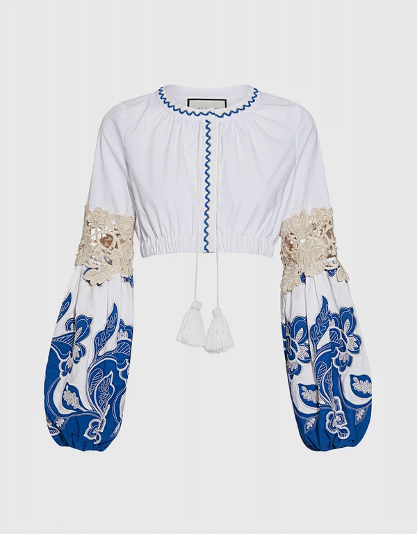 Alexis Fabia Floral Embroidered Puff Sleeve Cropped Top