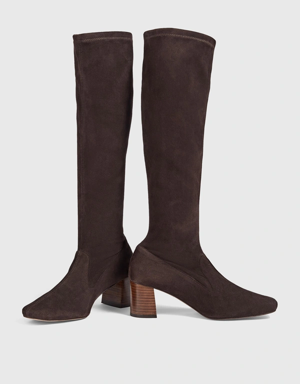 LK Bennett Davina Chocolate Stretch Suede Knee-High Boots