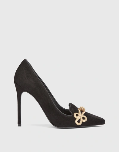 Carmella Black Suede Gold Brocade Court Shoes
