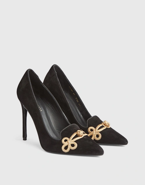Carmella Black Suede Gold Brocade Court Shoes
