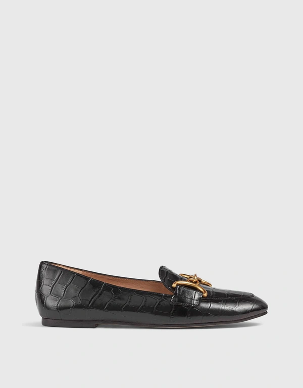 LK Bennett Daphne Black Croc-Effect Leather Loafers