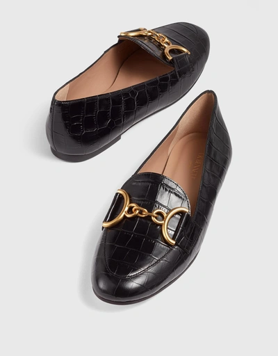 Daphne 黑色仿鱷魚紋皮革樂福鞋