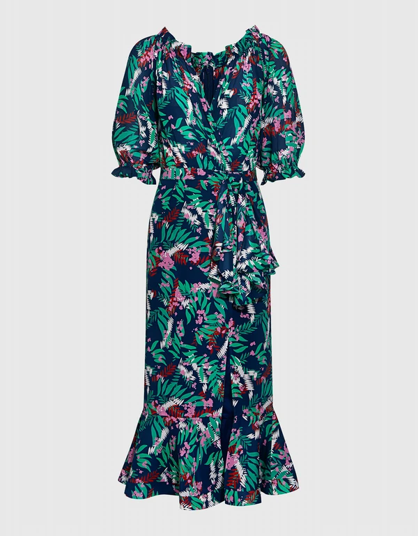 Olivia V-neck Floral Ruffled Wrap Silk Midi Dress