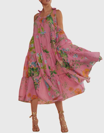 Ramie Floral Halter Midi Dress - Pink