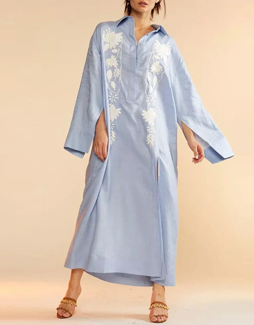 Hemp Embroidered Maxi Dress - Blue