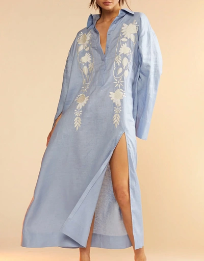 Hemp Embroidered Maxi Dress - Blue