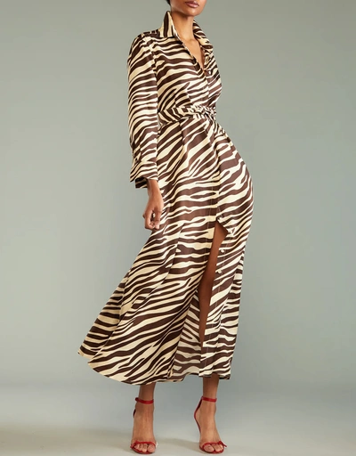 Zebra Printed Silk Maxi Shirt Dress