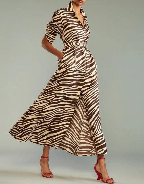 Zebra Printed Silk Maxi Shirt Dress