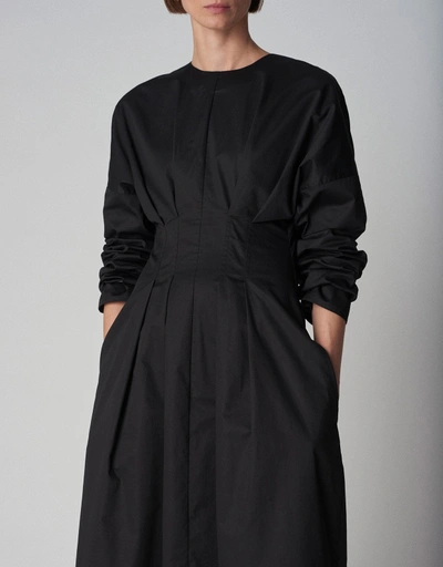Cotton Long Sleeve Cinched Midi Dress - Black