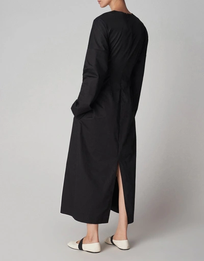 Cotton Long Sleeve Cinched Midi Dress - Black
