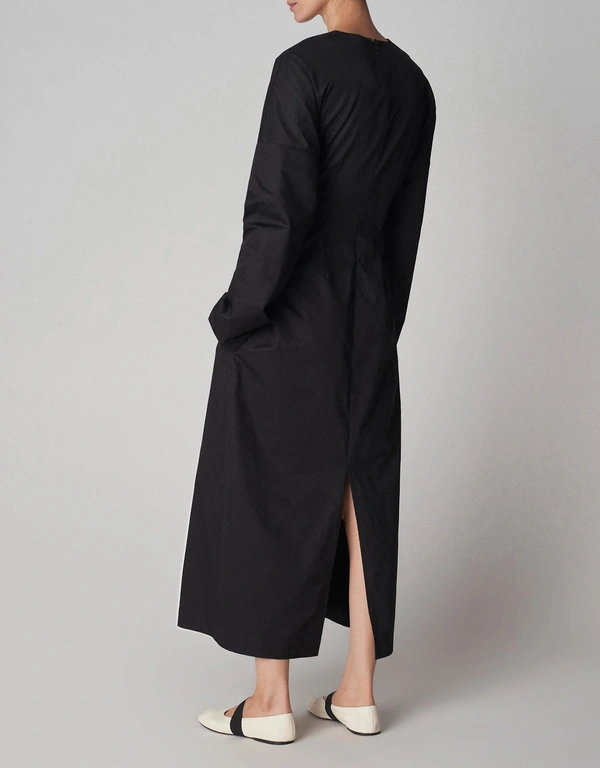 Co Cotton Long Sleeve Cinched Midi Dress - Black