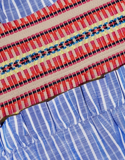 Embroidered Waist Ruffled Striped Knee Length Dress