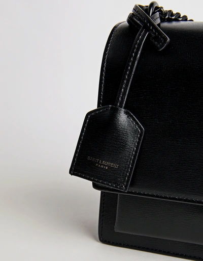 SUNSET Black Calfskin Leather Flap Bag