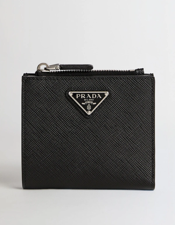 Prada Black Saffiano Silver Triangle Logo Leather Wallet