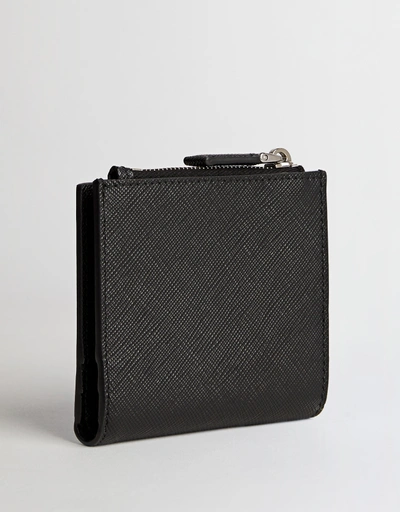 Black Saffiano Silver Triangle Logo Leather Wallet