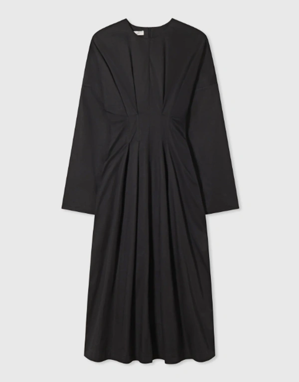 Co Cotton Long Sleeve Cinched Midi Dress - Black