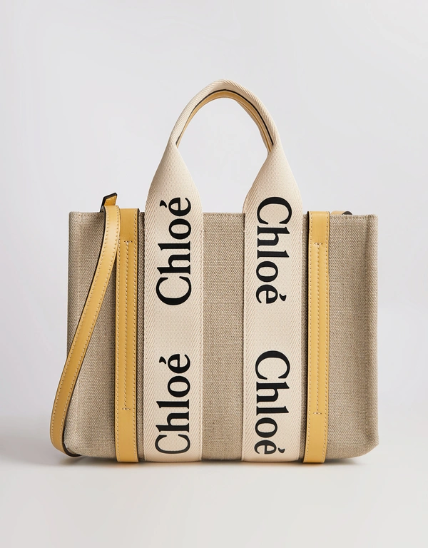 Chloé Woody Small Linen Canvas And Shiny Calfskin Tote Bag