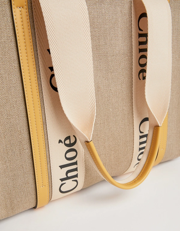 Chloé Woody Medium Linen Canvas And Shiny Calfskin Tote Bag