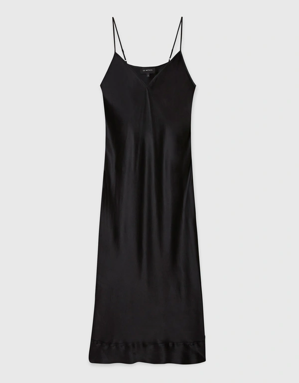 Lee Mathews Stella Silk Satin Slip Midi Dress-Black