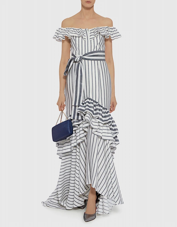 Alexis Madelia Off the Shoulder Striped Ruffled High Low Gown