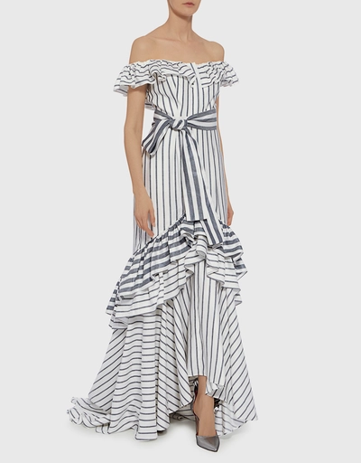Madelia Off the Shoulder Striped Ruffled High Low Gown