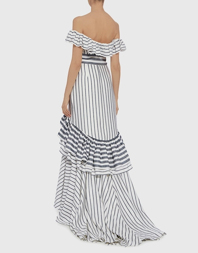 Madelia Off the Shoulder Striped Ruffled High Low Gown