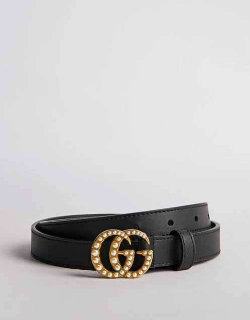 Black Leather Belt With Pearl Double G Buckle