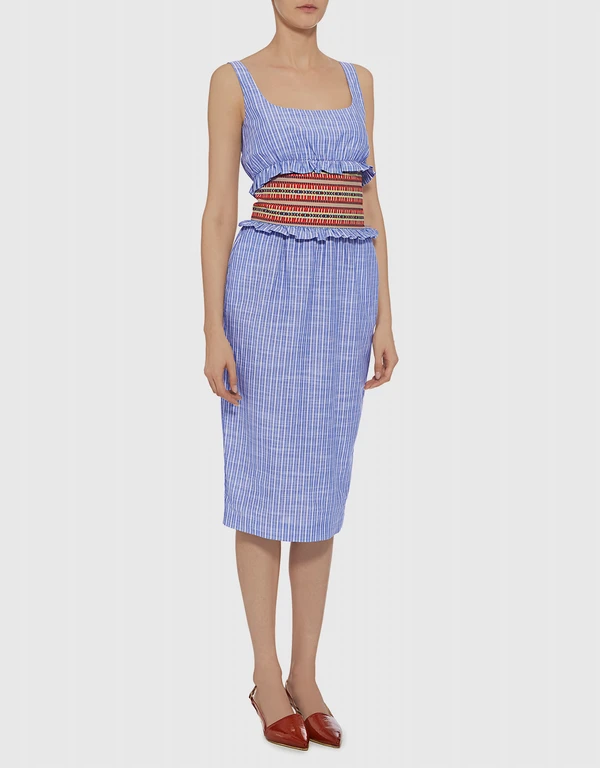 Stella Jean Embroidered Waist Ruffled Striped Knee Length Dress