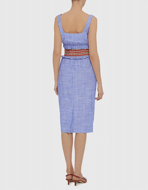 Stella Jean Embroidered Waist Ruffled Striped Knee Length Dress