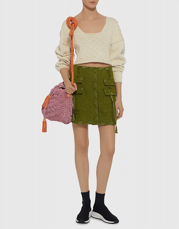 MSGM Fringe Tweed A Line Mini Skirt 