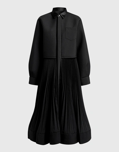 Black Long Sleeve Pleats Midi Dress