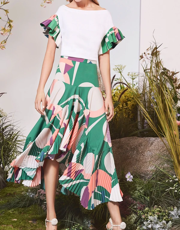 Alexis Liann Geometric Pleated Asymmetrical Midi Skirt