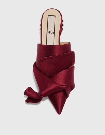 Embellished Pointy Knot Satin Mules