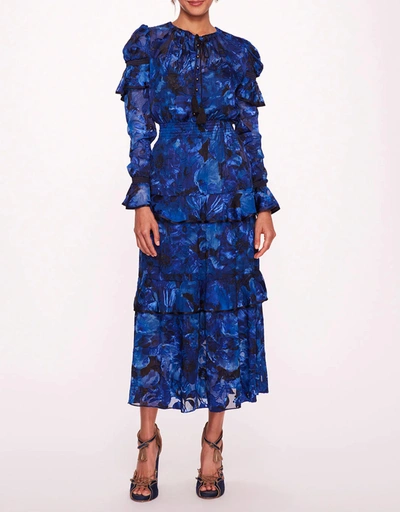 Diantha Tiered Ruffled Midi Dress-Blue