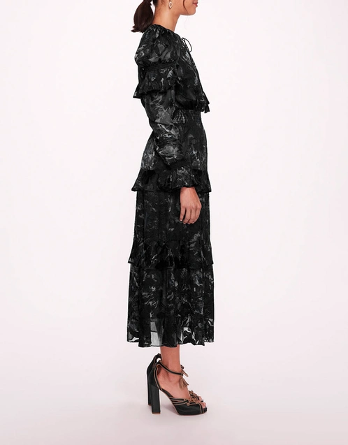 Diantha Tiered Ruffled Midi Dress-Black