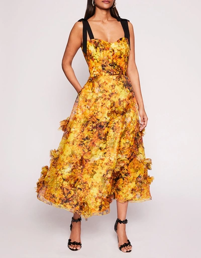 Chiffon Foiled Garden Midi Dress-Yellow
