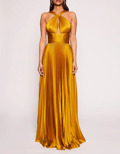 A-Line Pleated Foil Gown-Gold